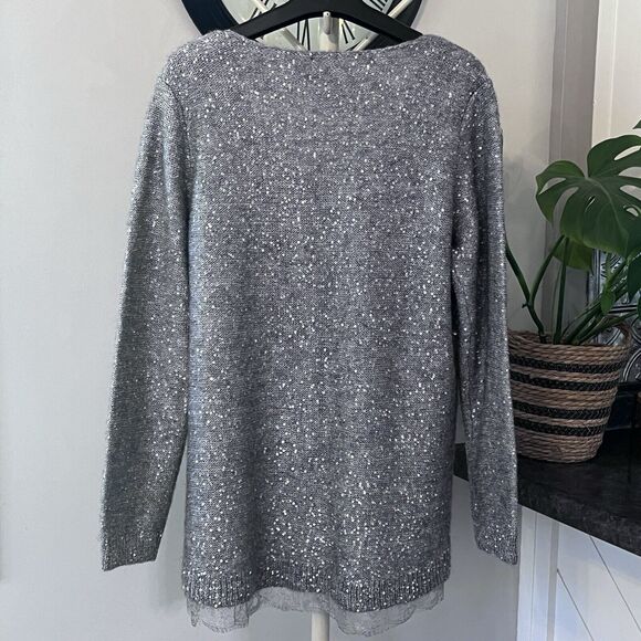 Chicos Sz 2/L Samantha Shine Womens V-Neck Sweater Gray Silver Sequins Lace Hem - Picture 2 of 14